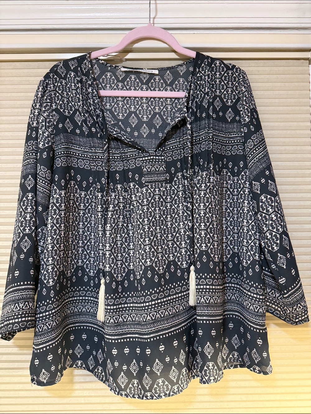 Collective Concepts Blue and White Patterned Tie-Front Tunic